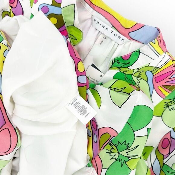 TRINA TURK NWT MOVIE COLONY 2 DRESS SIZE XS - Colorful Silk- Tiered Ruffle - Picture 9 of 11